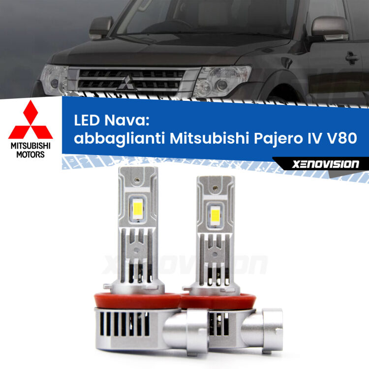 <strong>Abbaglianti LED no-spie per Mitsubishi Pajero IV</strong> V80 2007 -2021. Coppia lampade <strong>H11</strong>/H9/H8/H16(JP) modello Nava canbus, raffreddate a ventola.