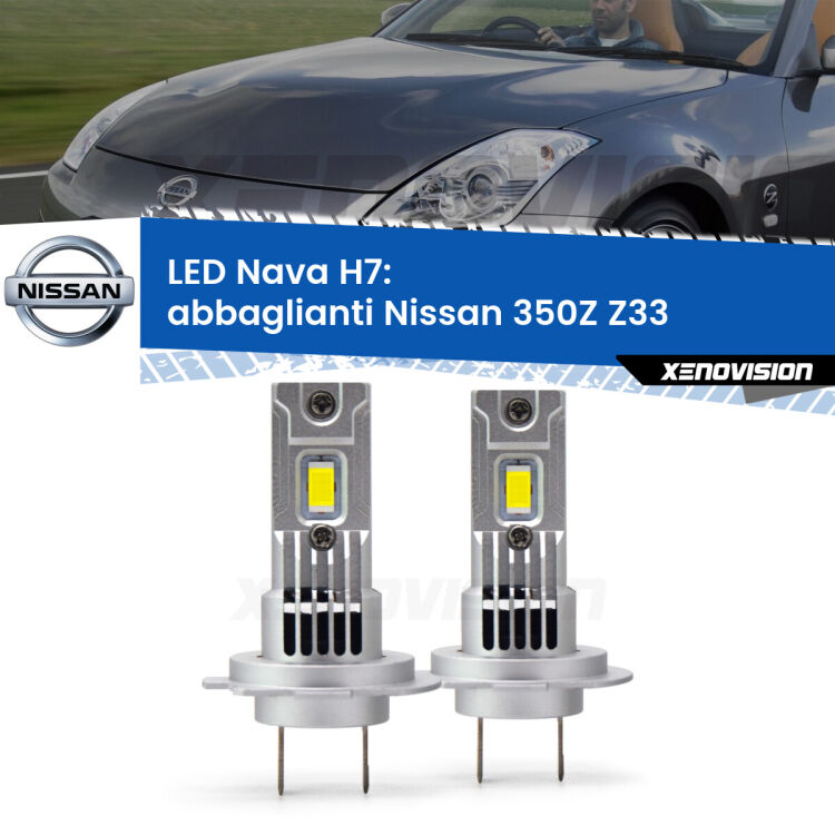 <strong>Abbaglianti LED no-spie per Nissan 350Z</strong> Z33 con fari Xenon. Coppia lampade <strong>H7</strong> modello Nava canbus, raffreddate a ventola.