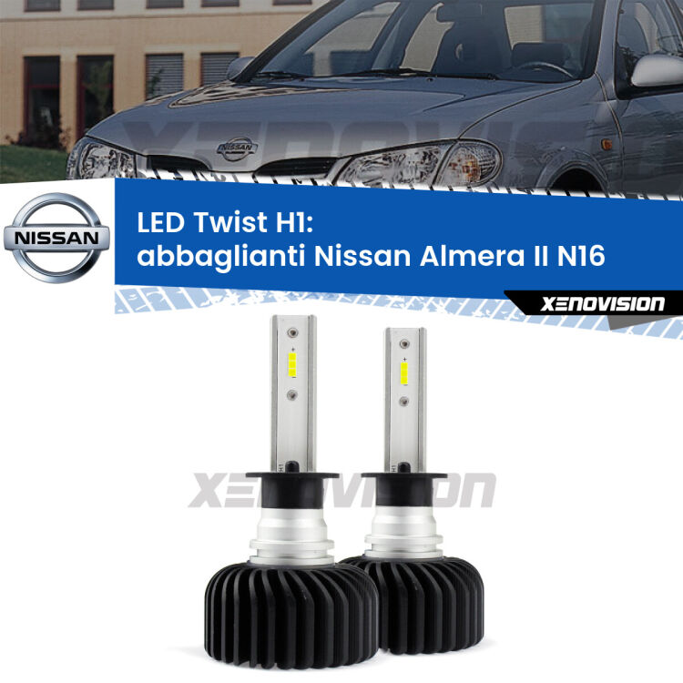 <strong>Kit abbaglianti LED</strong> H1 per <strong>Nissan Almera II</strong> N16 2000 -2002. Compatte, impermeabili, senza ventola: praticamente indistruttibili. Top Quality.