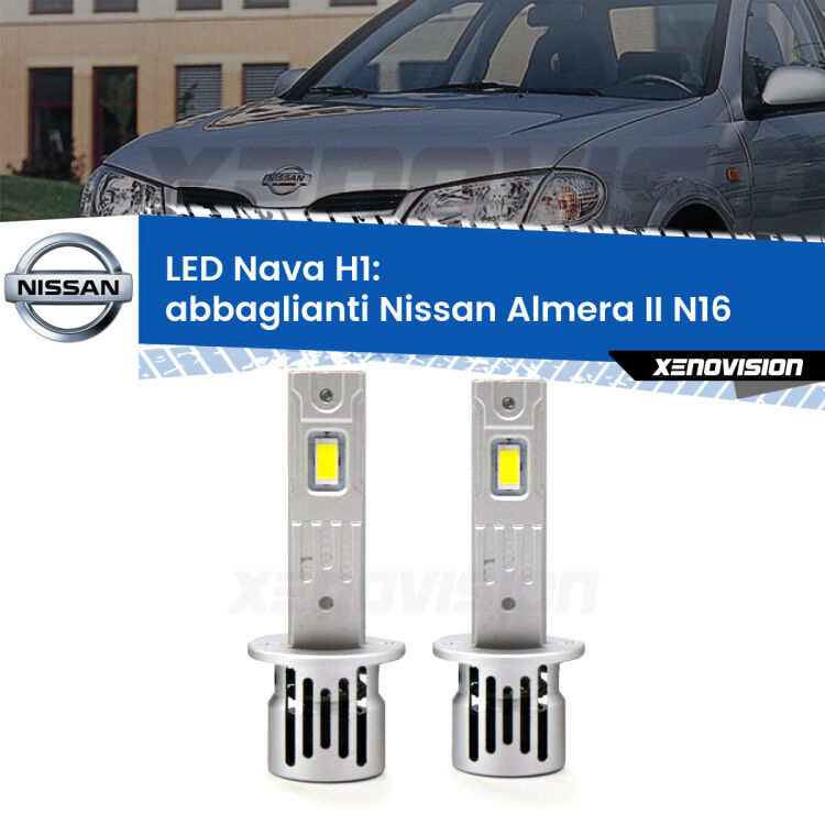 <strong>Abbaglianti LED no-spie per Nissan Almera II</strong> N16 2000 -2002. Coppia lampade <strong> H1</strong> modello Nava canbus, raffreddate a ventola.