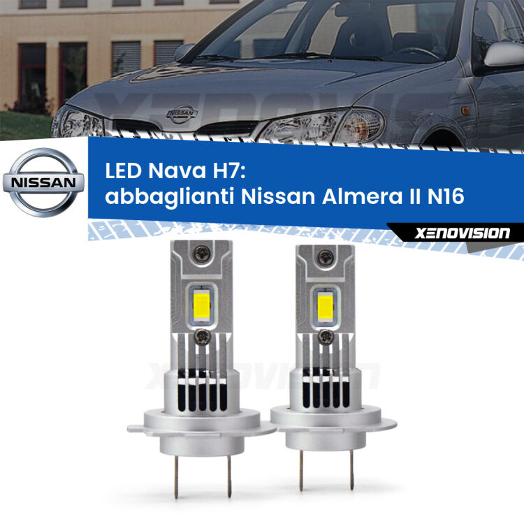 <strong>Abbaglianti LED no-spie per Nissan Almera II</strong> N16 2002 -2006. Coppia lampade <strong>H7</strong> modello Nava canbus, raffreddate a ventola.