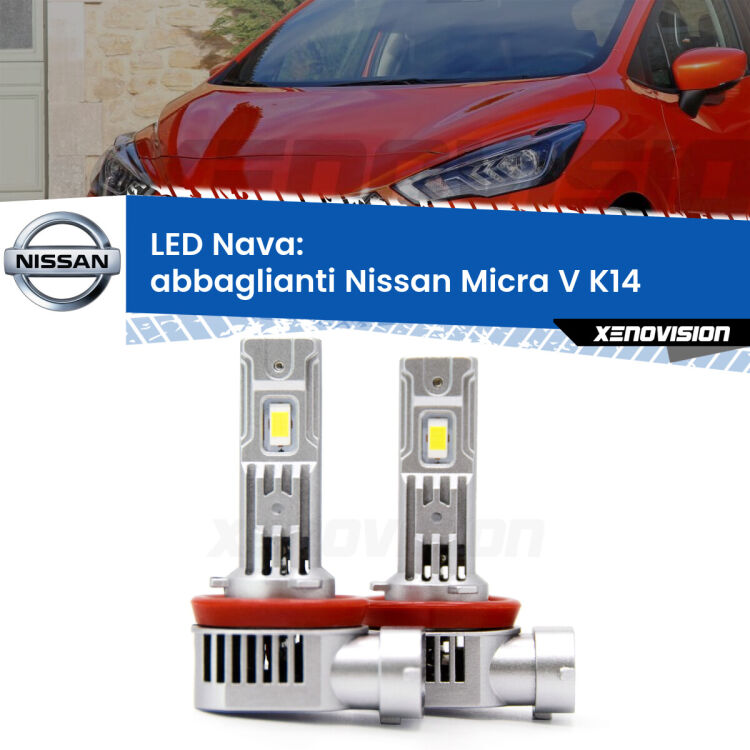 <strong>Abbaglianti LED no-spie per Nissan Micra V</strong> K14 2016 in poi. Coppia lampade <strong>H11</strong>/H9/H8/H16(JP) modello Nava canbus, raffreddate a ventola.