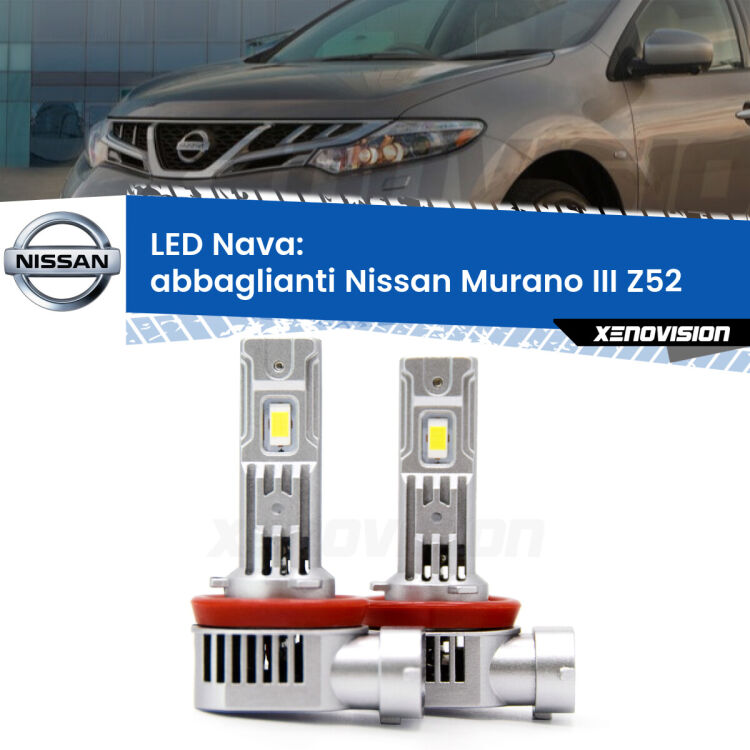 <strong>Abbaglianti LED no-spie per Nissan Murano III</strong> Z52 2014 in poi. Coppia lampade <strong>H11</strong>/H9/H8/H16(JP) modello Nava canbus, raffreddate a ventola.