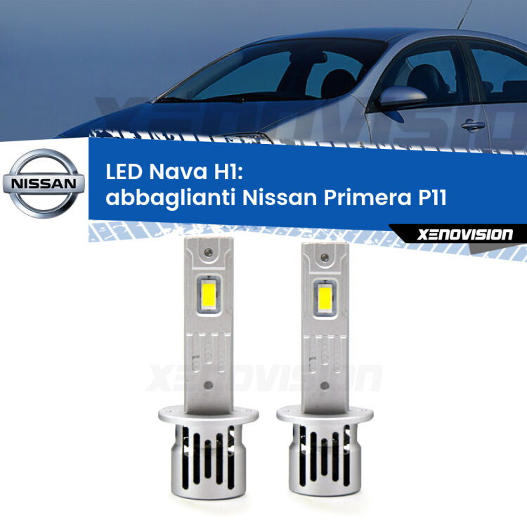 <strong>Abbaglianti LED no-spie per Nissan Primera</strong> P11 1996 -2001. Coppia lampade <strong> H1</strong> modello Nava canbus, raffreddate a ventola.