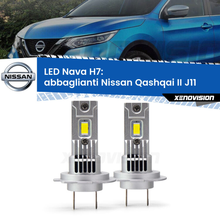 <strong>Abbaglianti LED no-spie per Nissan Qashqai II</strong> J11 2014 -2017. Coppia lampade <strong>H7</strong> modello Nava canbus, raffreddate a ventola.