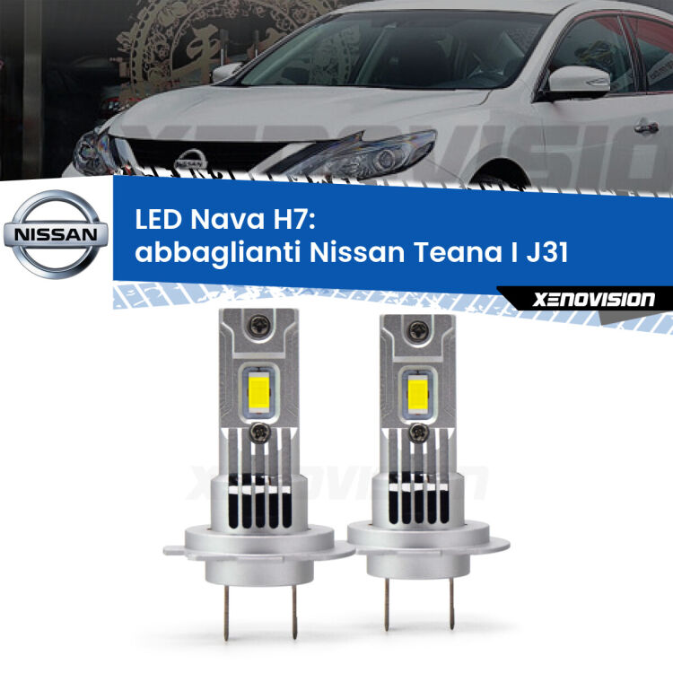 <strong>Abbaglianti LED no-spie per Nissan Teana I</strong> J31 2003 -2008. Coppia lampade <strong>H7</strong> modello Nava canbus, raffreddate a ventola.