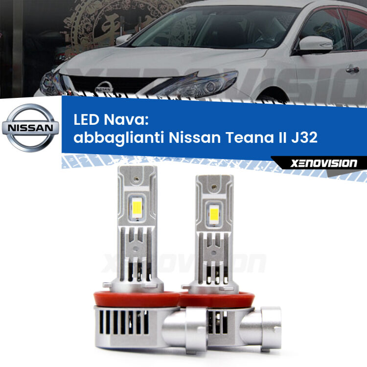 <strong>Abbaglianti LED no-spie per Nissan Teana II</strong> J32 2008 -2013. Coppia lampade <strong>H11</strong>/H9/H8/H16(JP) modello Nava canbus, raffreddate a ventola.