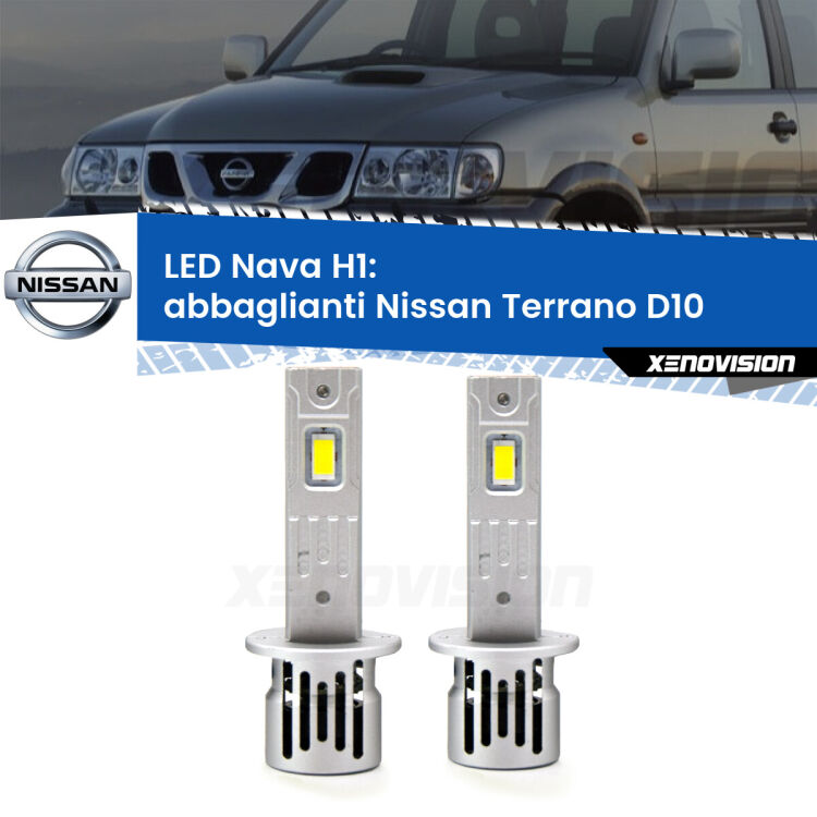 <strong>Abbaglianti LED no-spie per Nissan Terrano</strong> D10 2013 in poi. Coppia lampade <strong> H1</strong> modello Nava canbus, raffreddate a ventola.