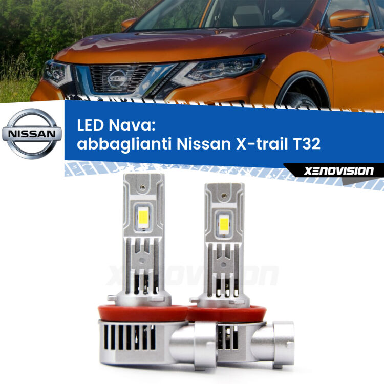 <strong>Abbaglianti LED no-spie per Nissan X-trail</strong> T32 2013 in poi. Coppia lampade <strong>H11</strong>/H9/H8/H16(JP) modello Nava canbus, raffreddate a ventola.