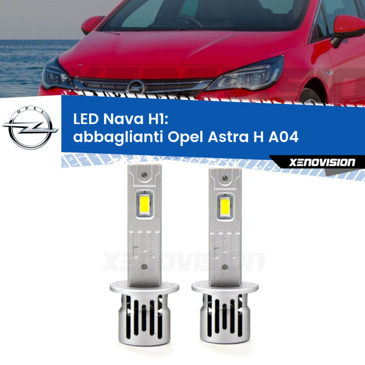 <strong>Abbaglianti LED no-spie per Opel Astra H</strong> A04 2004 -2014. Coppia lampade <strong> H1</strong> modello Nava canbus, raffreddate a ventola.