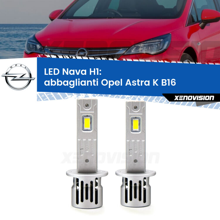 <strong>Abbaglianti LED no-spie per Opel Astra K</strong> B16 2015 -2020. Coppia lampade <strong> H1</strong> modello Nava canbus, raffreddate a ventola.