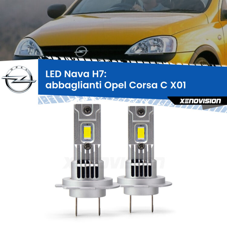 <strong>Abbaglianti LED no-spie per Opel Corsa C</strong> X01 con fari Bosch. Coppia lampade <strong>H7</strong> modello Nava canbus, raffreddate a ventola.