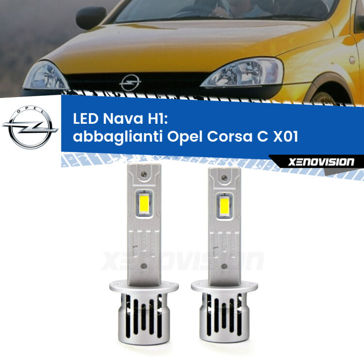 <strong>Abbaglianti LED no-spie per Opel Corsa C</strong> X01 con fari Valeo. Coppia lampade <strong> H1</strong> modello Nava canbus, raffreddate a ventola.