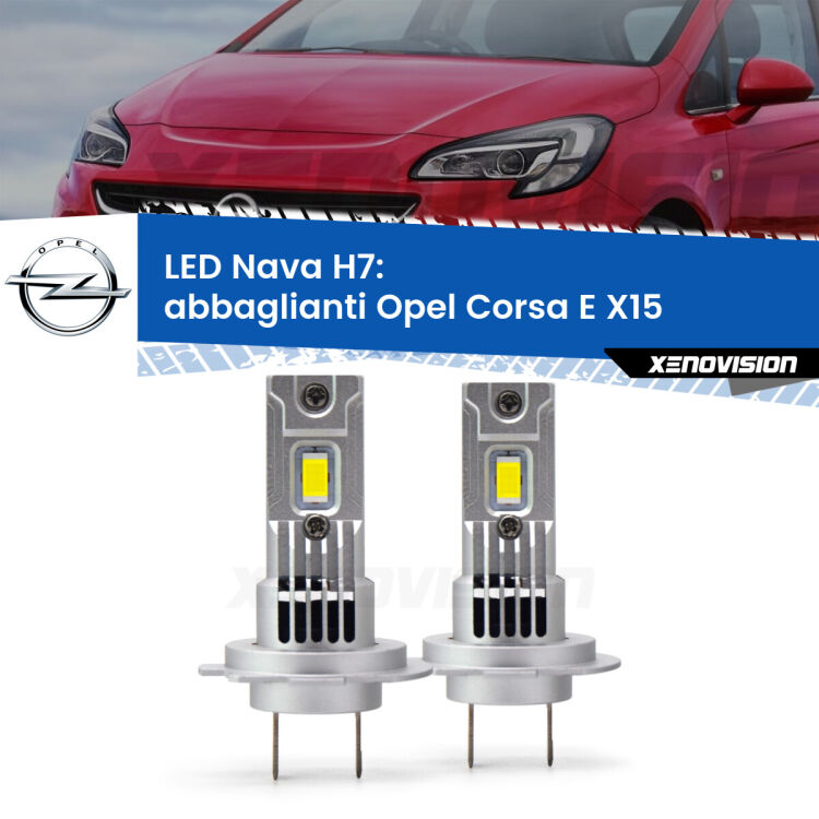 <strong>Abbaglianti LED no-spie per Opel Corsa E</strong> X15 2014 -2019. Coppia lampade <strong>H7</strong> modello Nava canbus, raffreddate a ventola.