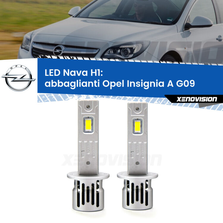 <strong>Abbaglianti LED no-spie per Opel Insignia A</strong> G09 2008 -2013. Coppia lampade <strong> H1</strong> modello Nava canbus, raffreddate a ventola.