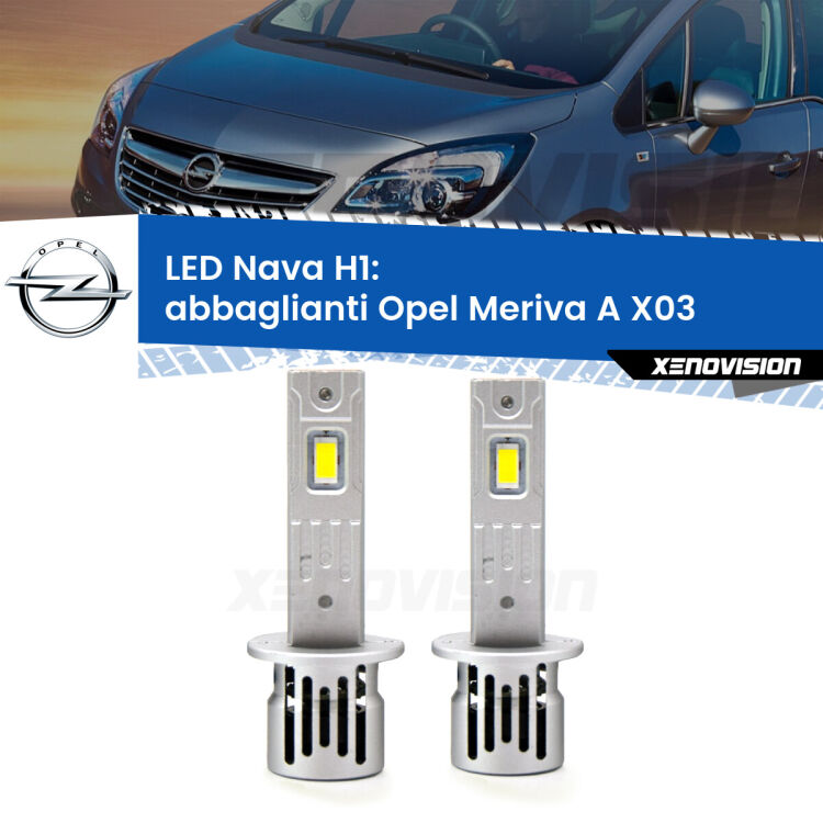 <strong>Abbaglianti LED no-spie per Opel Meriva A</strong> X03 2003 -2010. Coppia lampade <strong> H1</strong> modello Nava canbus, raffreddate a ventola.