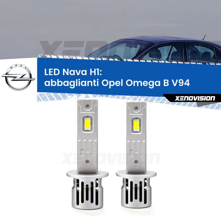 <strong>Abbaglianti LED no-spie per Opel Omega B</strong> V94 1994 -1997. Coppia lampade <strong> H1</strong> modello Nava canbus, raffreddate a ventola.