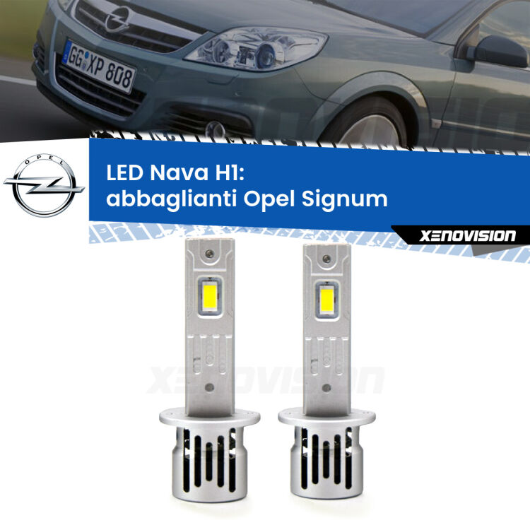 <strong>Abbaglianti LED no-spie per Opel Signum</strong>  2006 -2008. Coppia lampade <strong> H1</strong> modello Nava canbus, raffreddate a ventola.