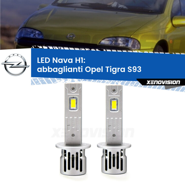 <strong>Abbaglianti LED no-spie per Opel Tigra</strong> S93 1994 -2000. Coppia lampade <strong> H1</strong> modello Nava canbus, raffreddate a ventola.