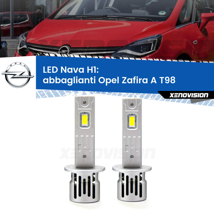 <strong>Abbaglianti LED no-spie per Opel Zafira A</strong> T98 2003 -2005. Coppia lampade <strong> H1</strong> modello Nava canbus, raffreddate a ventola.