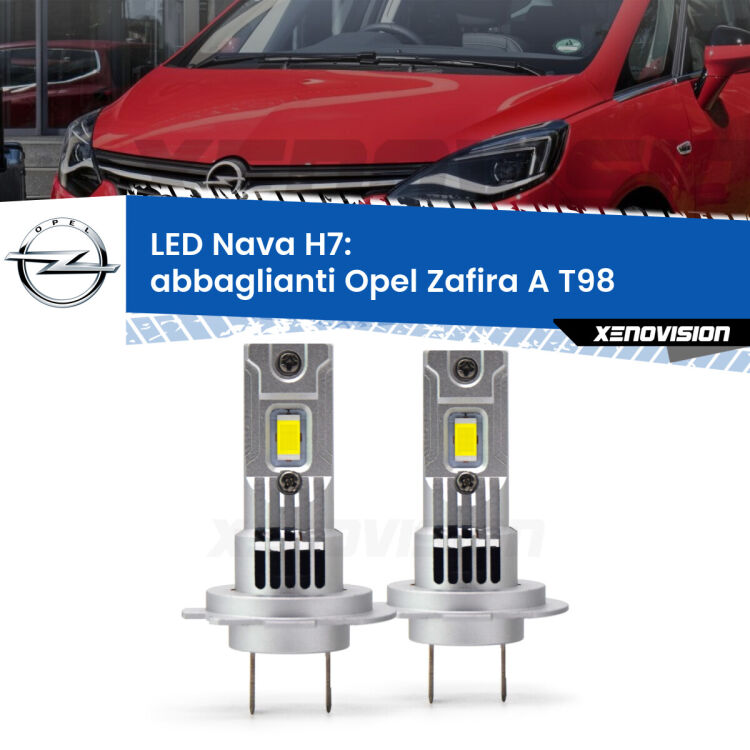 <strong>Abbaglianti LED no-spie per Opel Zafira A</strong> T98 con fari Xenon fino al 2003/2. Coppia lampade <strong>H7</strong> modello Nava canbus, raffreddate a ventola.