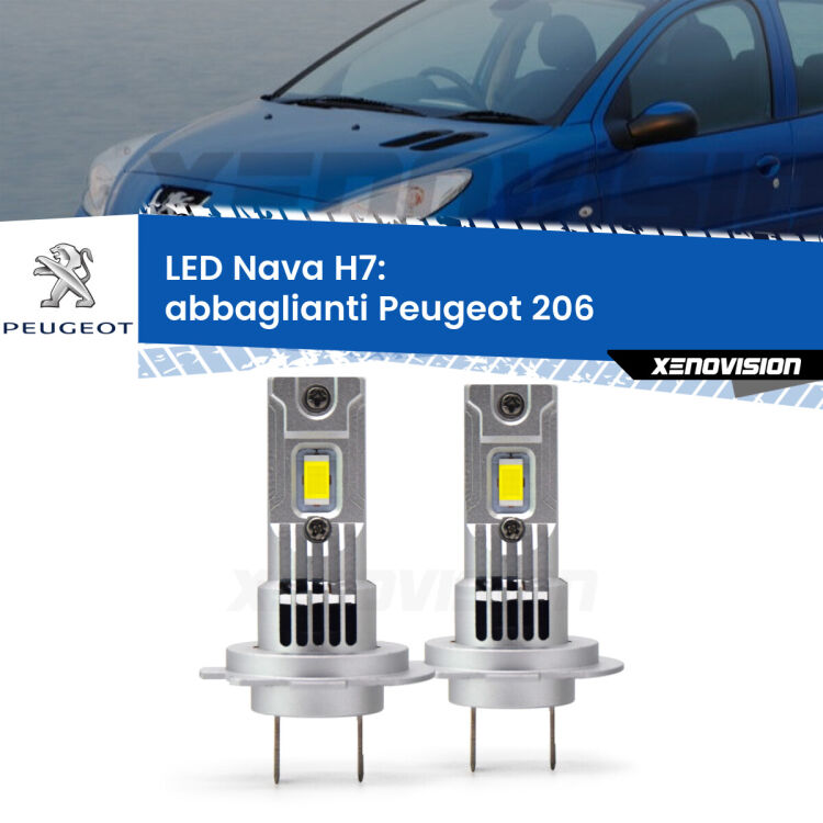 <strong>Abbaglianti LED no-spie per Peugeot 206</strong>  2002 -2006. Coppia lampade <strong>H7</strong> modello Nava canbus, raffreddate a ventola.