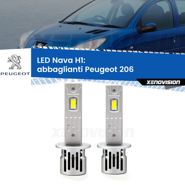 <strong>Abbaglianti LED no-spie per Peugeot 206</strong>  2007 -2009. Coppia lampade <strong> H1</strong> modello Nava canbus, raffreddate a ventola.