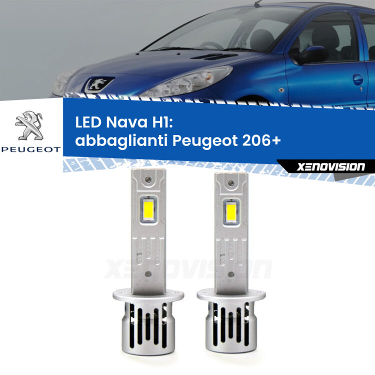 <strong>Abbaglianti LED no-spie per Peugeot 206+</strong>  2009 -2013. Coppia lampade <strong> H1</strong> modello Nava canbus, raffreddate a ventola.