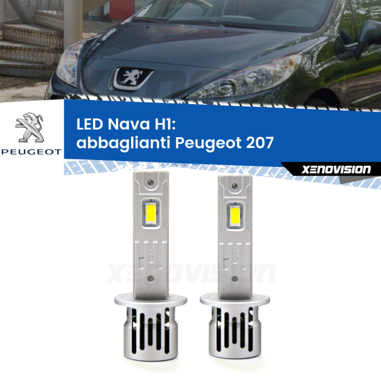 <strong>Abbaglianti LED no-spie per Peugeot 207</strong>  2006 -2015. Coppia lampade <strong> H1</strong> modello Nava canbus, raffreddate a ventola.