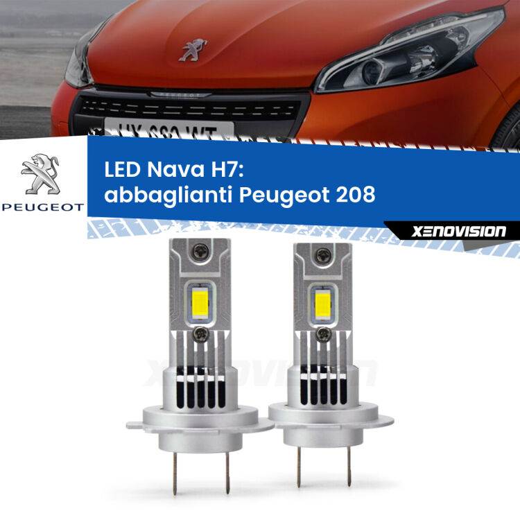 <strong>Abbaglianti LED no-spie per Peugeot 208</strong>  2012-2018. Coppia lampade <strong>H7</strong> modello Nava canbus, raffreddate a ventola.