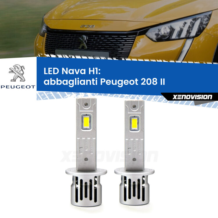 <strong>Abbaglianti LED no-spie per Peugeot 208</strong> II 2019 in poi. Coppia lampade <strong> H1</strong> modello Nava canbus, raffreddate a ventola.