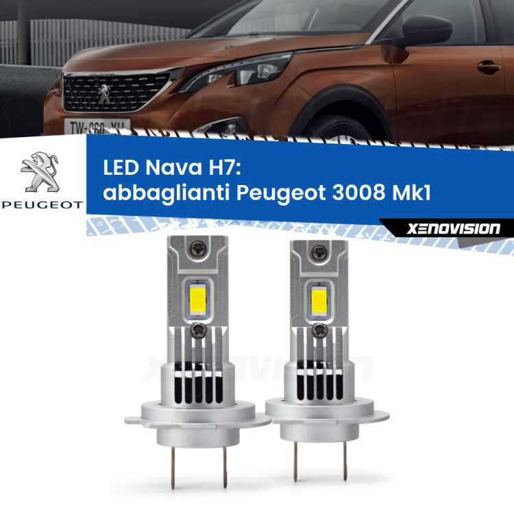 <strong>Abbaglianti LED no-spie per Peugeot 3008</strong> Mk1 2008 -2012. Coppia lampade <strong>H7</strong> modello Nava canbus, raffreddate a ventola.