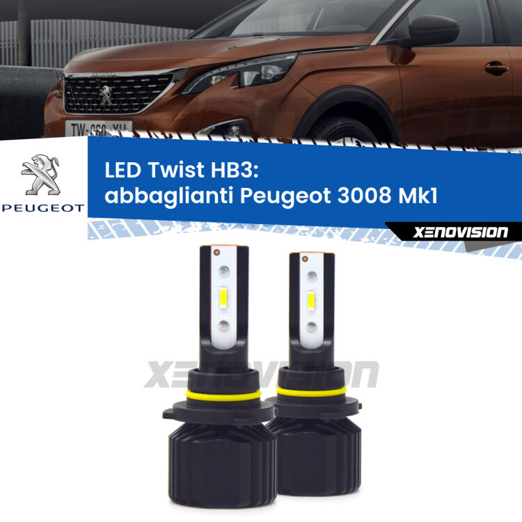 <strong>Kit abbaglianti LED</strong> HB3 per <strong>Peugeot 3008</strong> Mk1 2013 -2015. Compatte, impermeabili, senza ventola: praticamente indistruttibili. Top Quality.