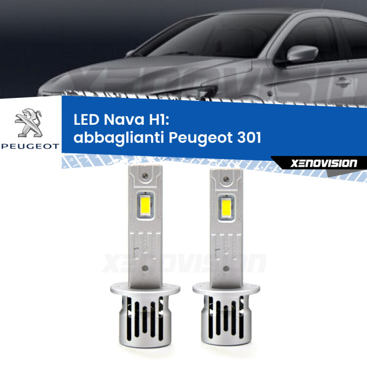 <strong>Abbaglianti LED no-spie per Peugeot 301</strong>  2012 -2017. Coppia lampade <strong> H1</strong> modello Nava canbus, raffreddate a ventola.