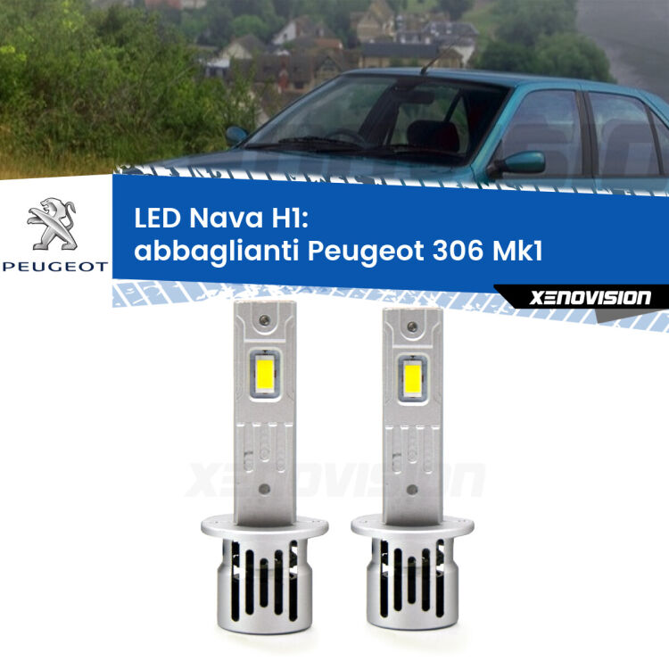 <strong>Abbaglianti LED no-spie per Peugeot 306</strong> Mk1 1993 -2001. Coppia lampade <strong> H1</strong> modello Nava canbus, raffreddate a ventola.