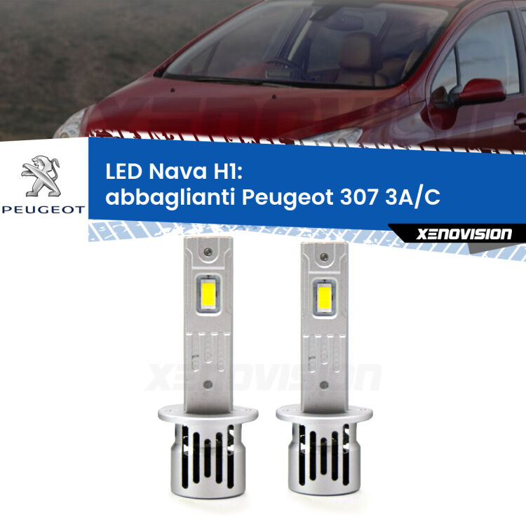 <strong>Abbaglianti LED no-spie per Peugeot 307</strong> 3A/C 2000 -2005. Coppia lampade <strong> H1</strong> modello Nava canbus, raffreddate a ventola.