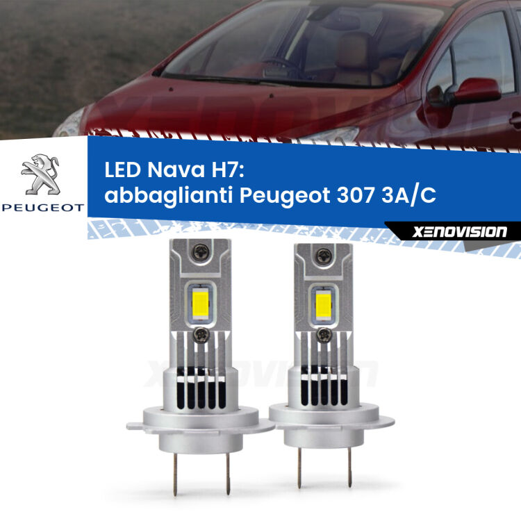 <strong>Abbaglianti LED no-spie per Peugeot 307</strong> 3A/C 2005 -2009. Coppia lampade <strong>H7</strong> modello Nava canbus, raffreddate a ventola.