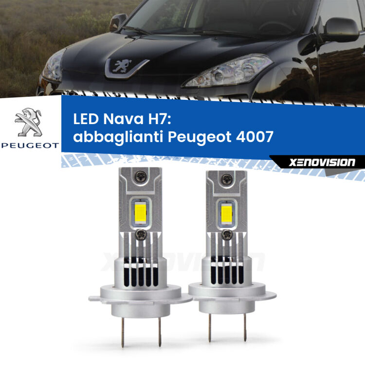 <strong>Abbaglianti LED no-spie per Peugeot 4007</strong>  2007 -2012. Coppia lampade <strong>H7</strong> modello Nava canbus, raffreddate a ventola.