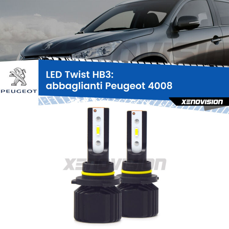 <strong>Kit abbaglianti LED</strong> HB3 per <strong>Peugeot 4008</strong>  2012 in poi. Compatte, impermeabili, senza ventola: praticamente indistruttibili. Top Quality.