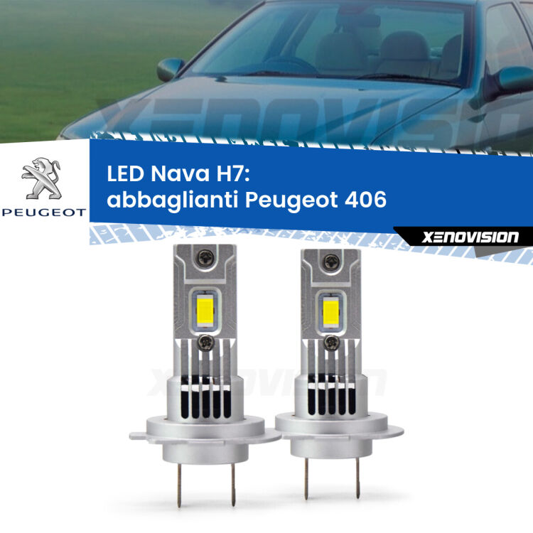 <strong>Abbaglianti LED no-spie per Peugeot 406</strong>  1995 -2004. Coppia lampade <strong>H7</strong> modello Nava canbus, raffreddate a ventola.