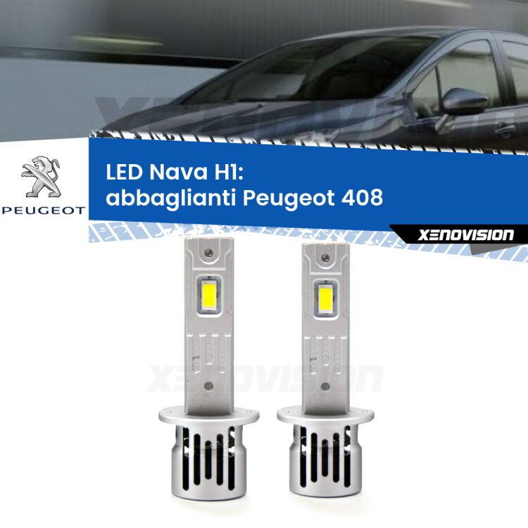 <strong>Abbaglianti LED no-spie per Peugeot 408</strong>  2010 in poi. Coppia lampade <strong> H1</strong> modello Nava canbus, raffreddate a ventola.