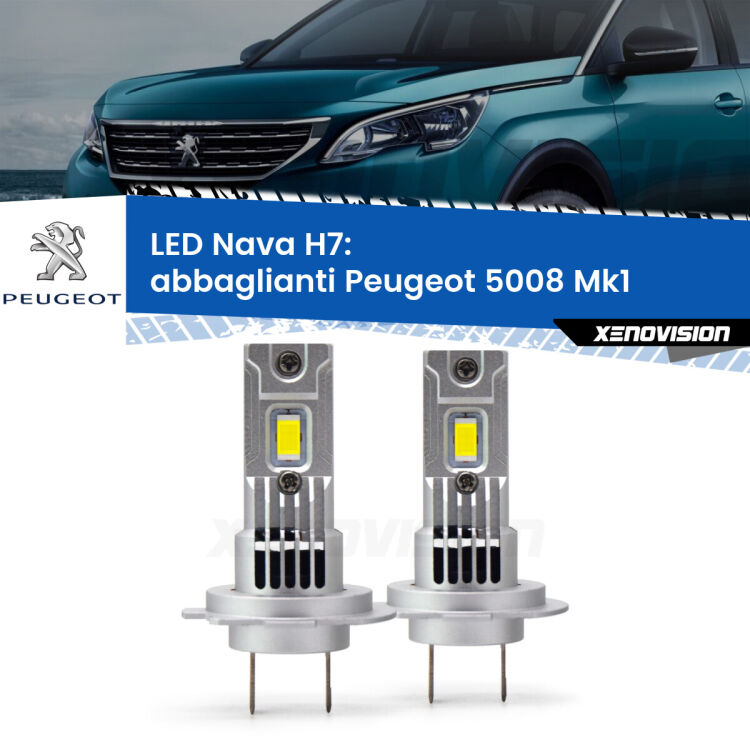 <strong>Abbaglianti LED no-spie per Peugeot 5008</strong> Mk1 2009 -2012. Coppia lampade <strong>H7</strong> modello Nava canbus, raffreddate a ventola.