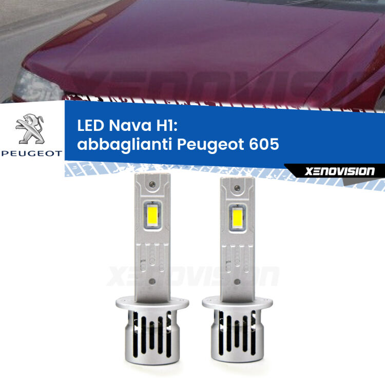 <strong>Abbaglianti LED no-spie per Peugeot 605</strong>  1989-1994. Coppia lampade <strong> H1</strong> modello Nava canbus, raffreddate a ventola.