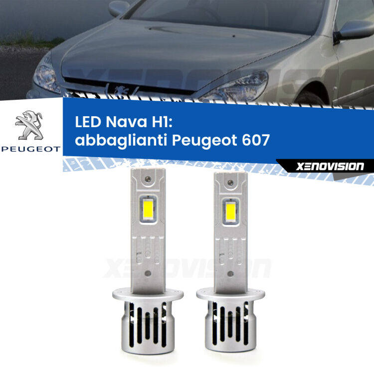 <strong>Abbaglianti LED no-spie per Peugeot 607</strong>  2000 -2010. Coppia lampade <strong> H1</strong> modello Nava canbus, raffreddate a ventola.