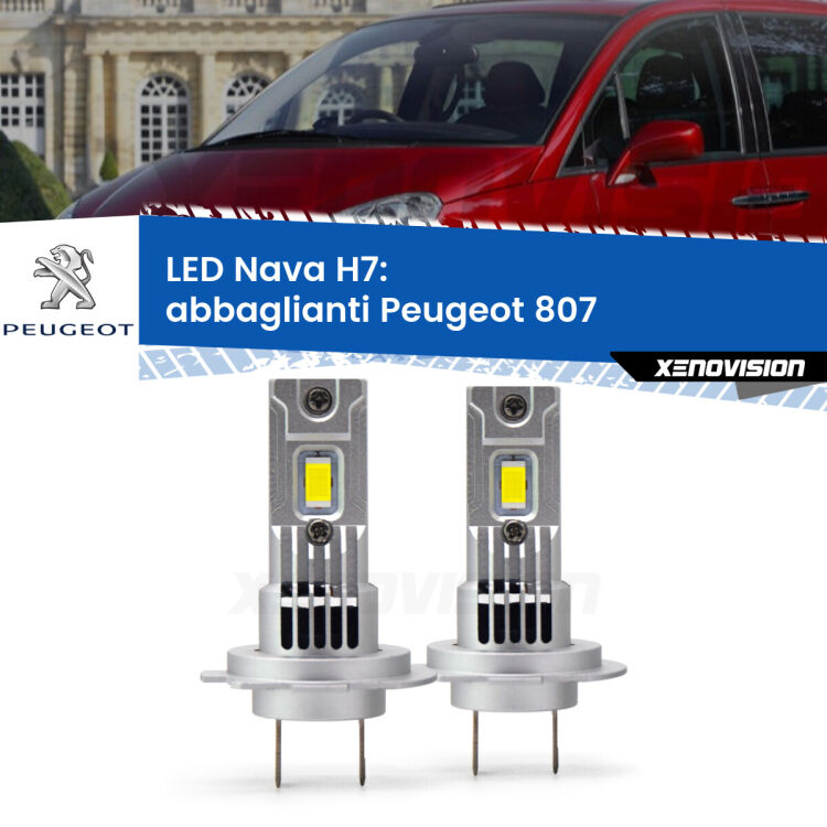 <strong>Abbaglianti LED no-spie per Peugeot 807</strong>  2002-2010. Coppia lampade <strong>H7</strong> modello Nava canbus, raffreddate a ventola.