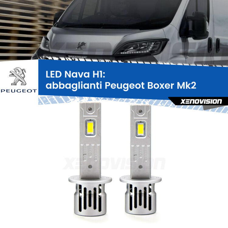 <strong>Abbaglianti LED no-spie per Peugeot Boxer</strong> Mk2 2002 -2005. Coppia lampade <strong> H1</strong> modello Nava canbus, raffreddate a ventola.