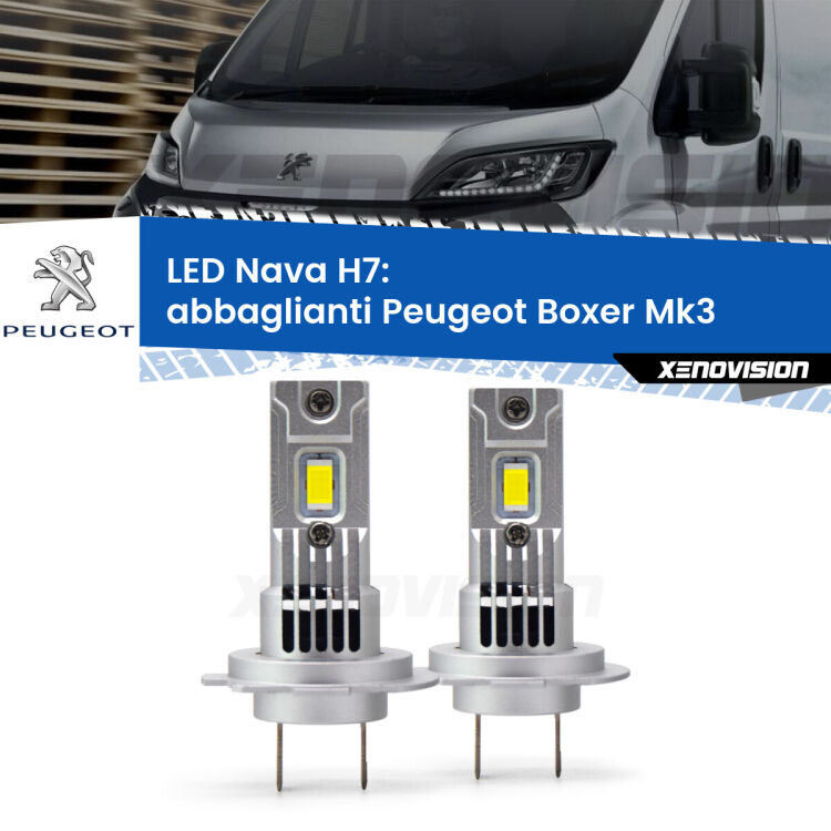 <strong>Abbaglianti LED no-spie per Peugeot Boxer</strong> Mk3 2014 in poi. Coppia lampade <strong>H7</strong> modello Nava canbus, raffreddate a ventola.