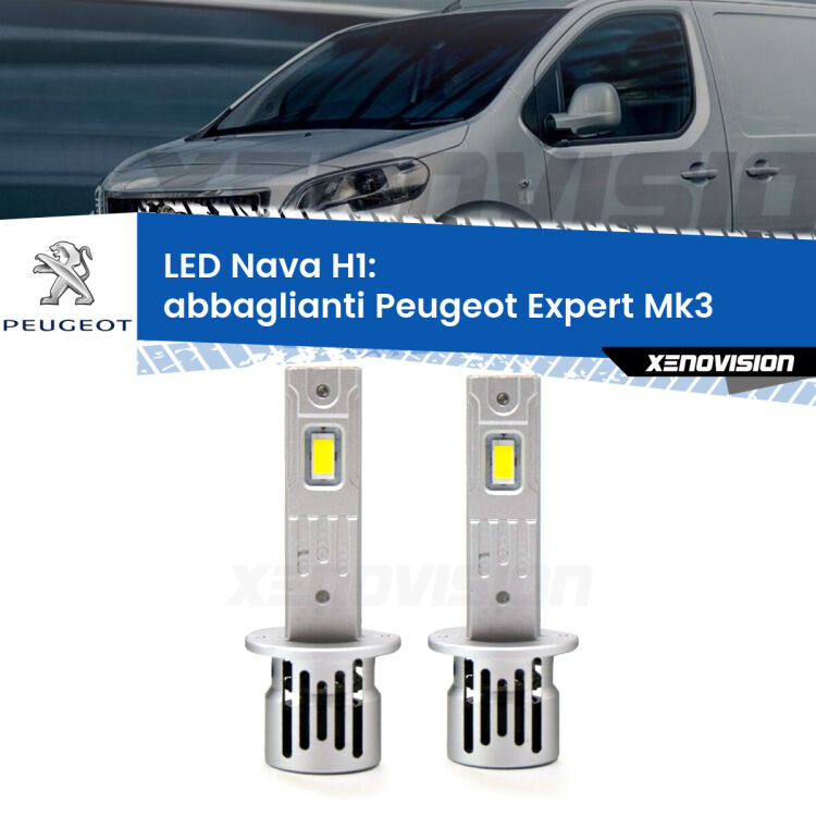 <strong>Abbaglianti LED no-spie per Peugeot Expert</strong> Mk3 2016 in poi. Coppia lampade <strong> H1</strong> modello Nava canbus, raffreddate a ventola.