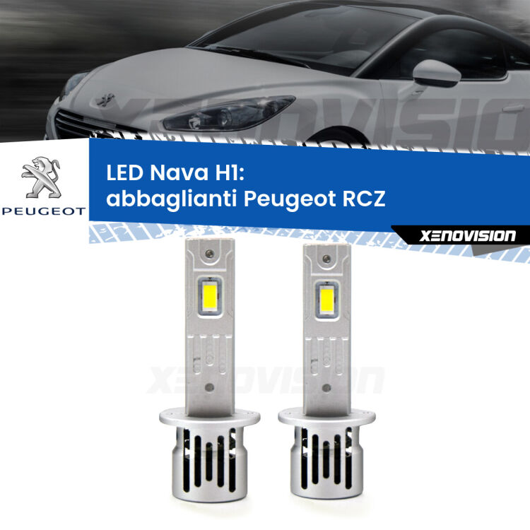 <strong>Abbaglianti LED no-spie per Peugeot RCZ</strong>  2010 -2015. Coppia lampade <strong> H1</strong> modello Nava canbus, raffreddate a ventola.