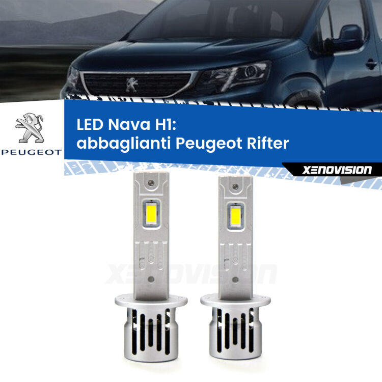 <strong>Abbaglianti LED no-spie per Peugeot Rifter</strong>  2018 in poi. Coppia lampade <strong> H1</strong> modello Nava canbus, raffreddate a ventola.